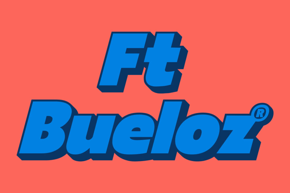 Bold 3D text design reading Ft Bueloz in blue with a shadow effect on a coral background suitable for fonts category targeting designers.