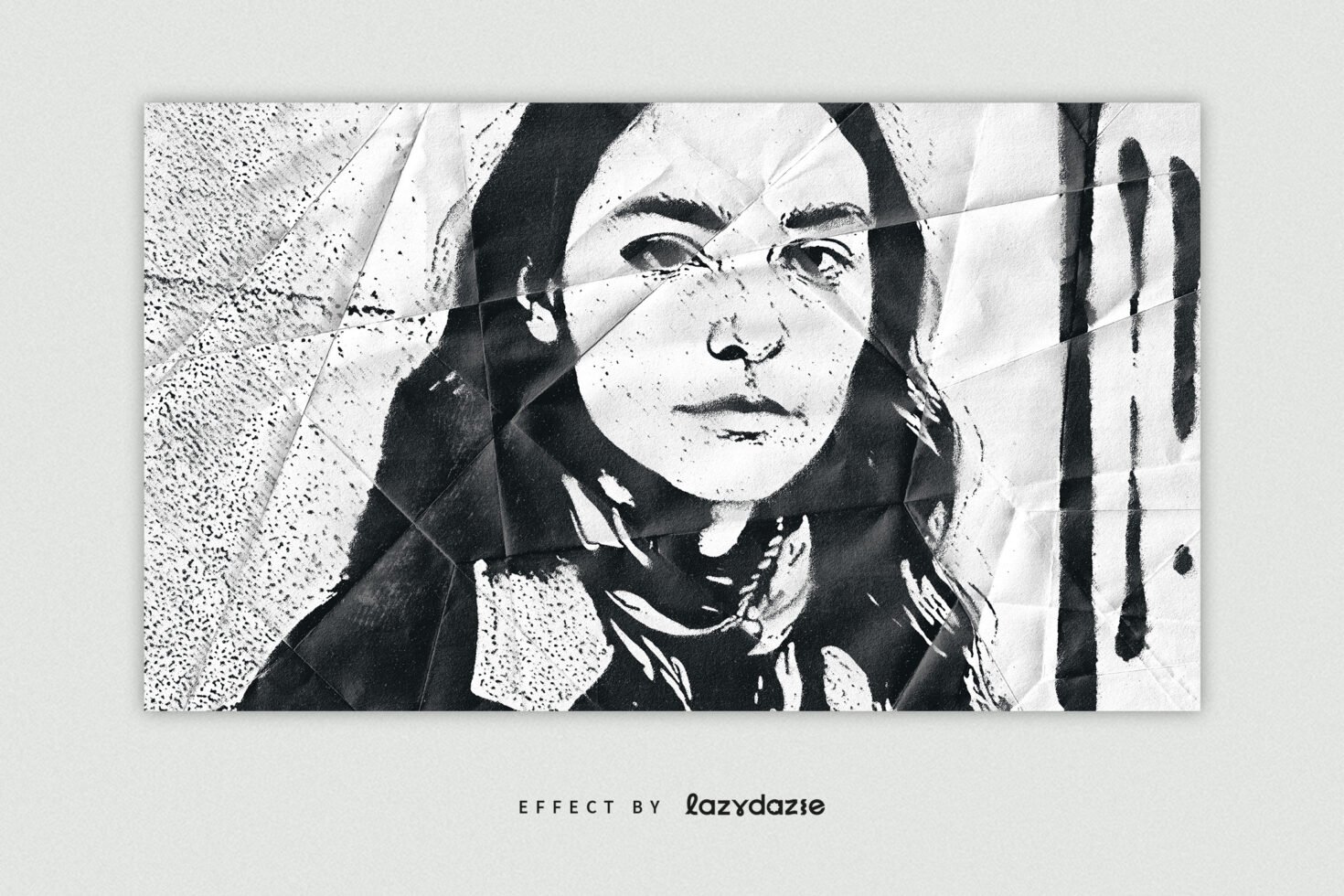 Black and white portrait art on folded paper with a textured effect ideal for graphic designers seeking unique templates and creative design assets.