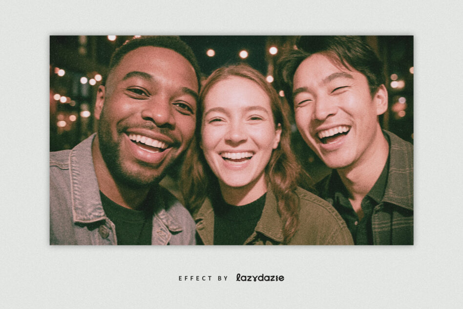 Three friends laughing together at night with blurred bokeh lights in background