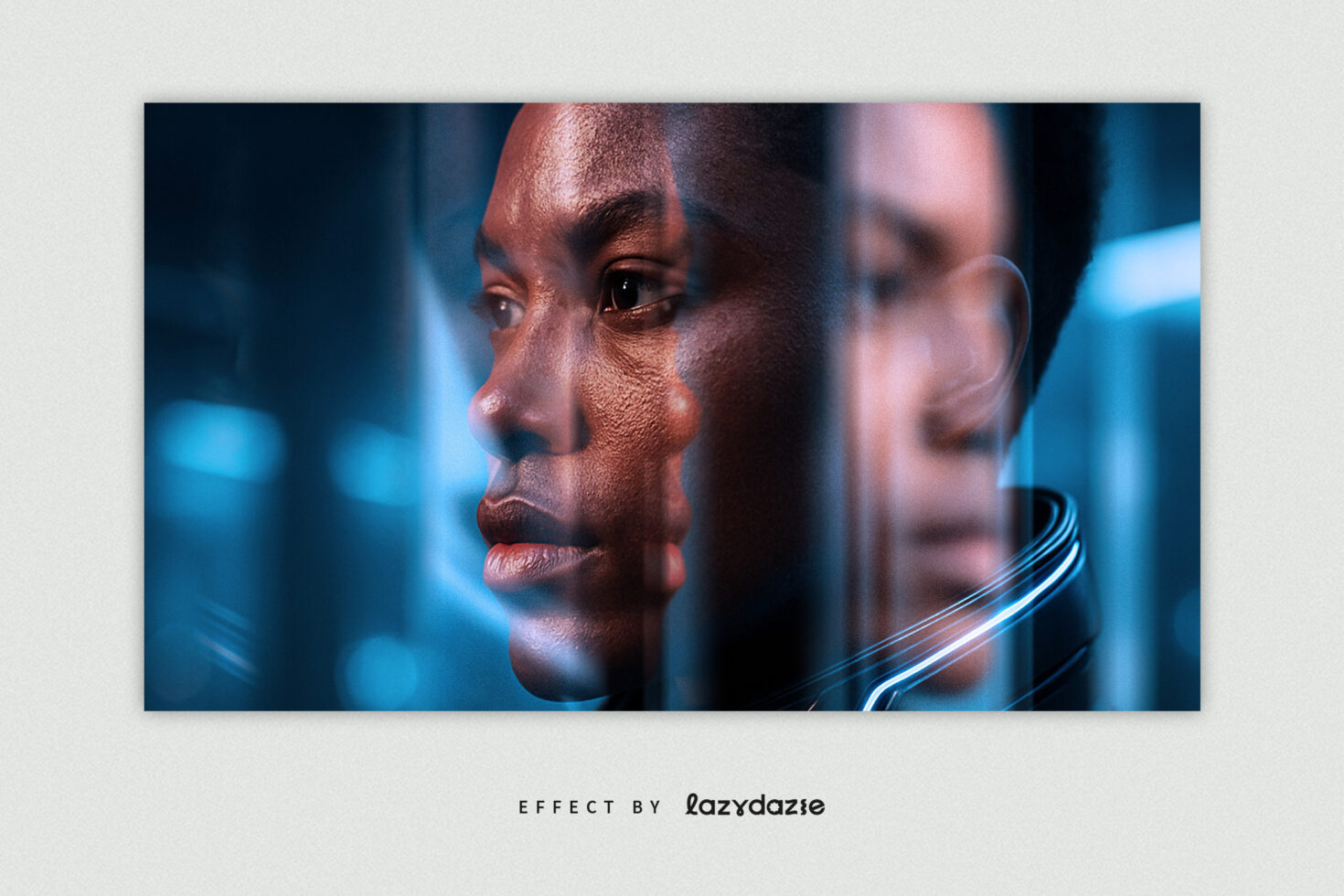 Futuristic photo effect showcasing double exposure of a man's face in vibrant blue tones. Ideal for designers seeking modern visual enhancements and graphics.