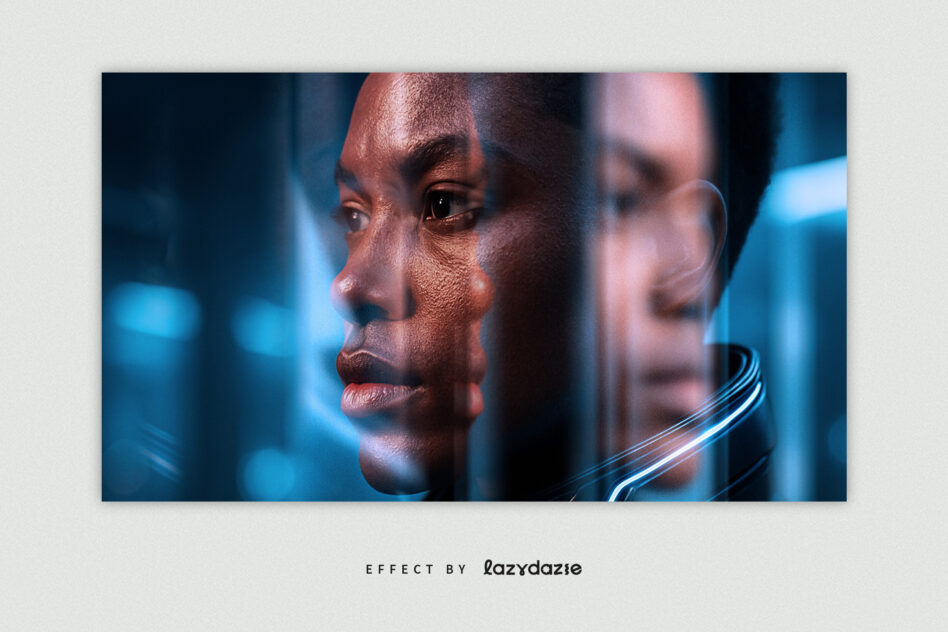 Portrait with neon blue glow, multiple exposure tech effect overlay