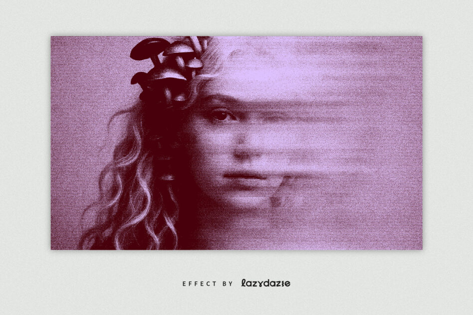 Portrait with purple glitch grain texture overlay, pixelated effect