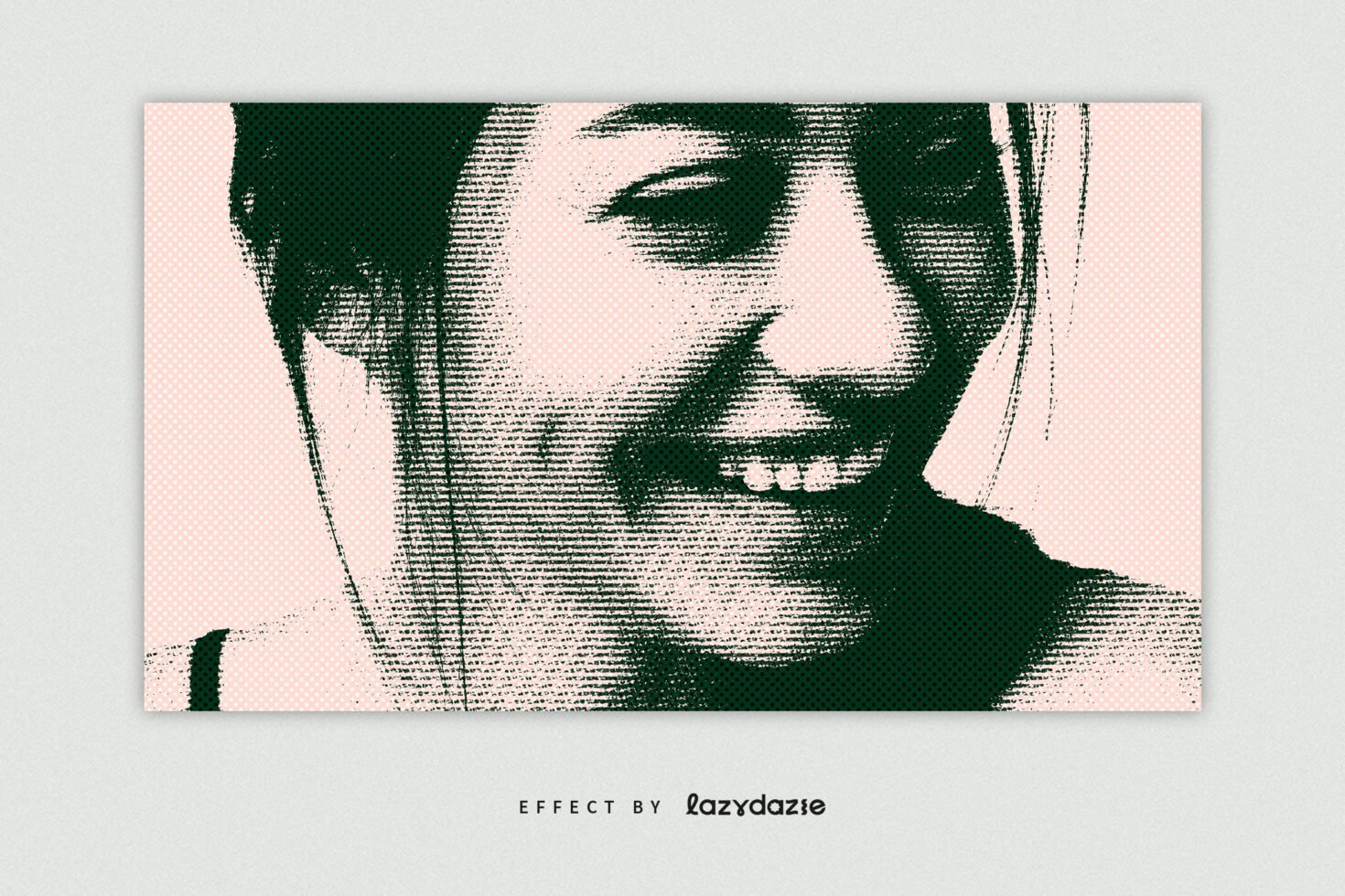 Halftone effect portrait of a smiling woman on a pink background. Vintage graphic style ideal for designer templates and creative mockups.