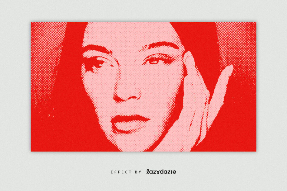 Red halftone face portrait with pink dots, straight gaze