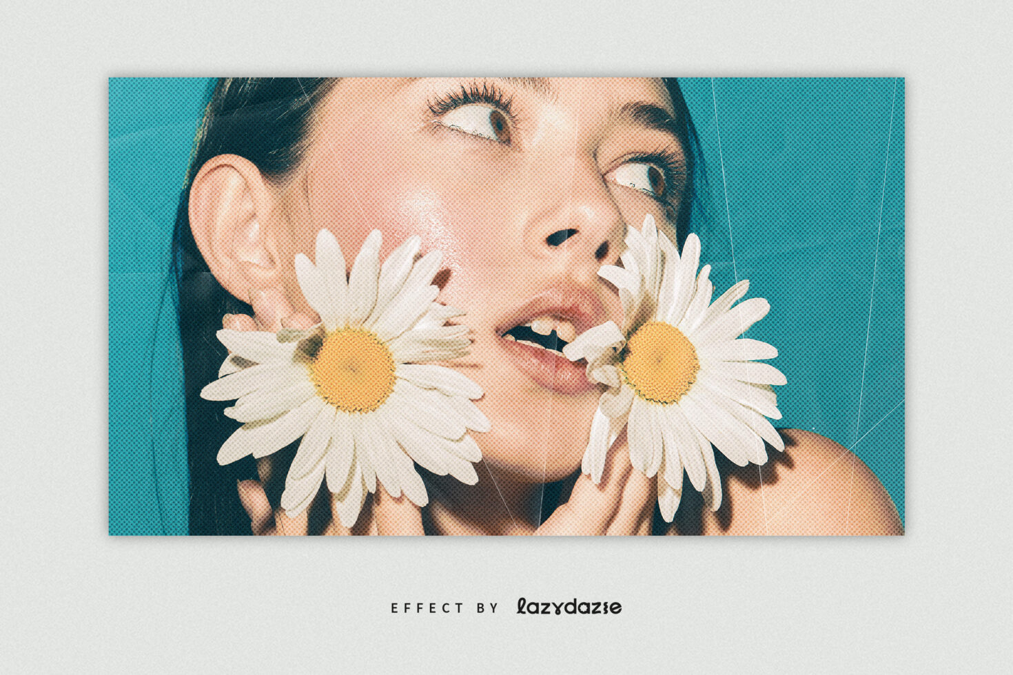 Close-up portrait photo effect with halftone texture, showcasing a woman adorned with daisies. Ideal for graphic templates and designer mockups.
