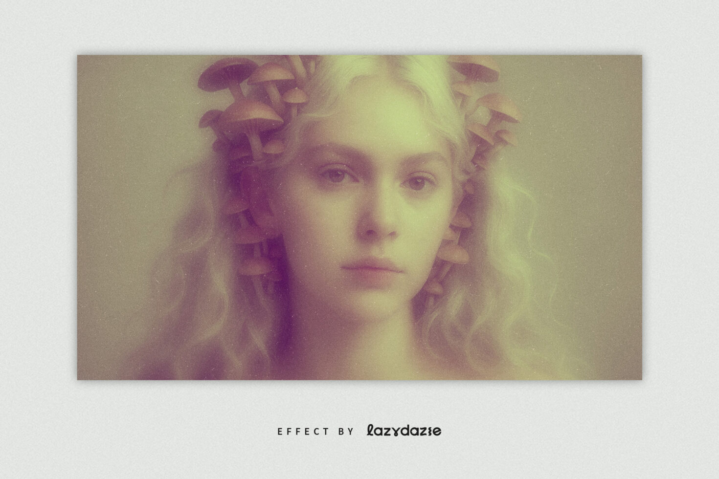 Dreamy portrait with ethereal glow effect featuring a woman adorned with mushrooms. Perfect for graphic design and artistic mockup projects.