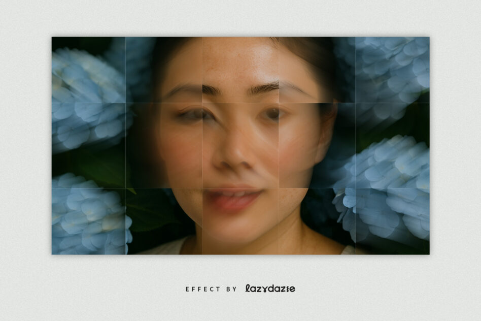 Grid overlay of woman's face with soft blue flowers, dreamy bokeh effect