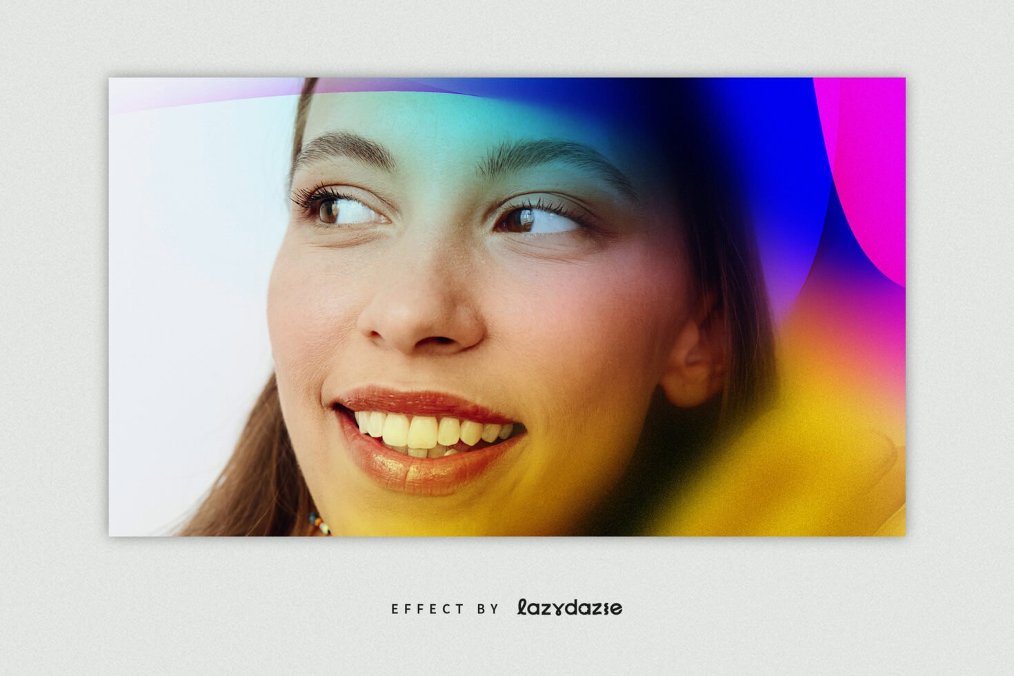 Smiling woman with colorful abstract gradient overlay. Perfect for designers seeking creative graphics templates. Ideal for vibrant design projects.