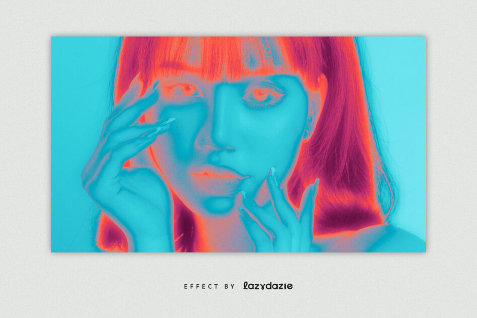 Woman with bangs in turquoise magenta duotone with hand near face