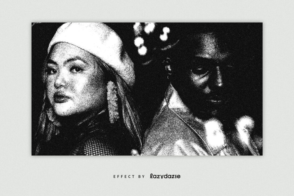 Woman in white beanie with two people blurred in background, grainy style