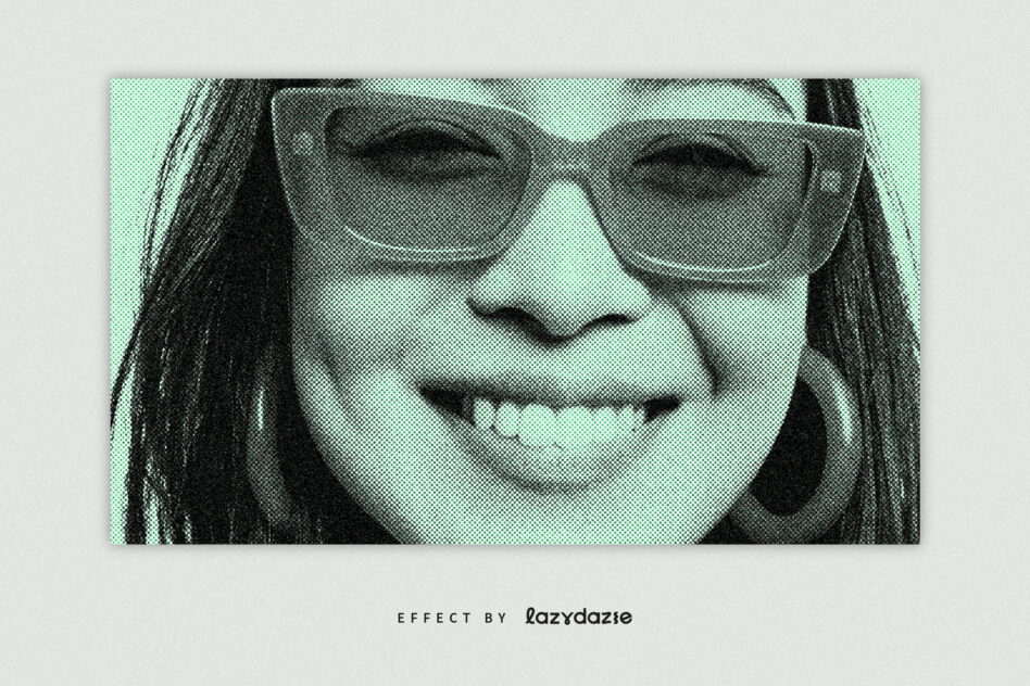 Vintage halftone image with mint overlay, person in glasses neutral pose