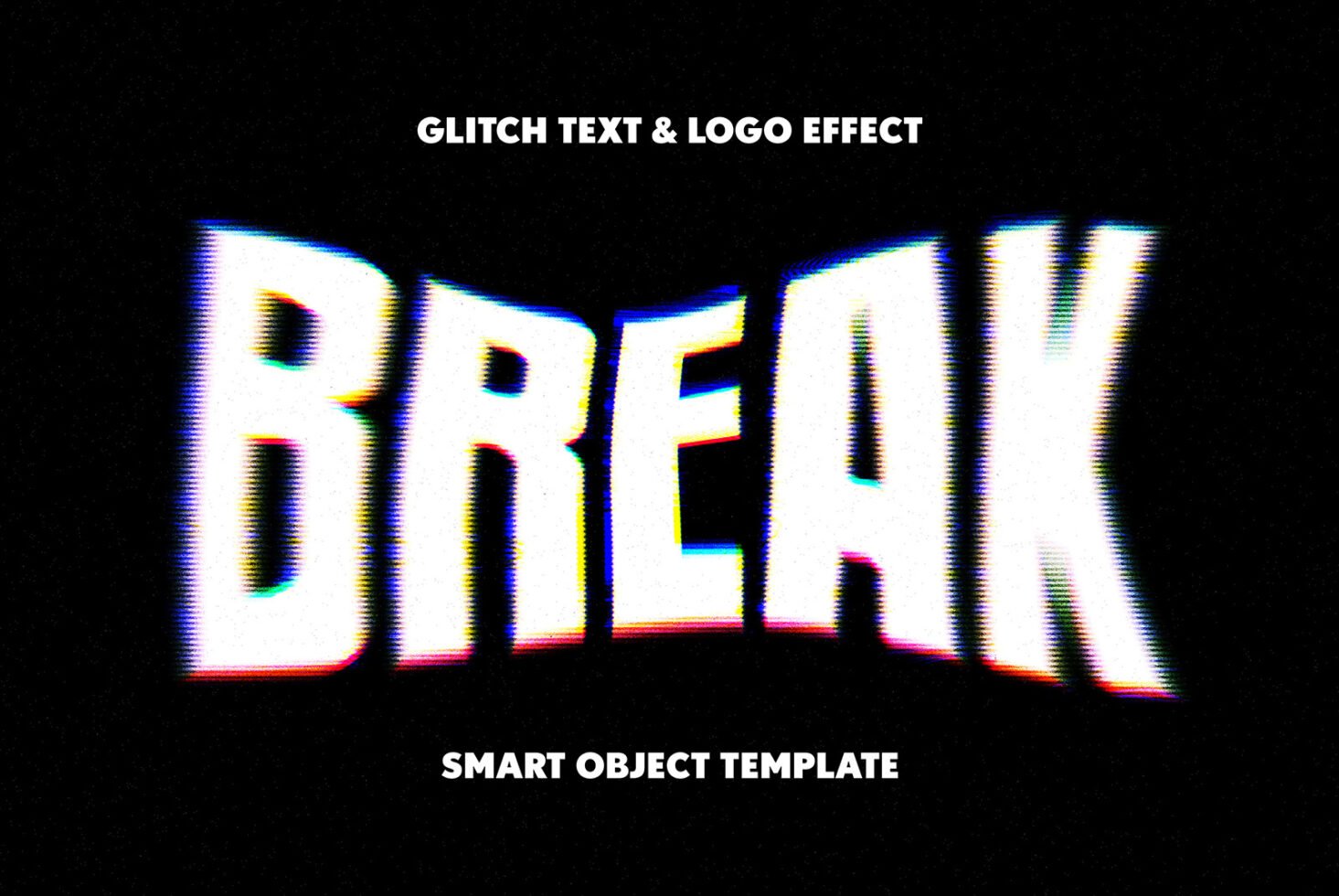 Glitch text effect template featuring distorted typography with a retro digital style. Perfect for branding mockups, graphics, design elements.
