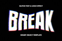 BREAK text large with heavy neon chromatic glitch effect, smart object template for Photoshop