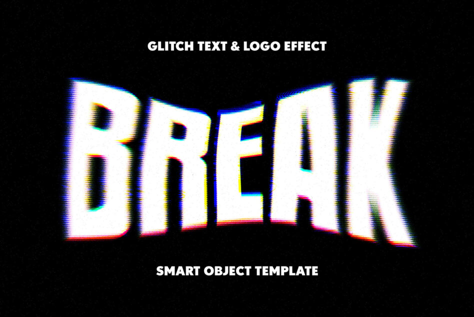 BREAK text large with heavy neon chromatic glitch effect, smart object template for Photoshop