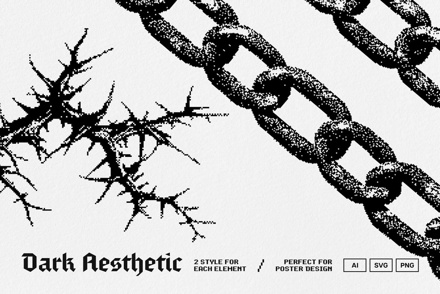 Dark aesthetic graphic with pixelated black chains and thorny branches on white. Ideal for poster design, available in AI, SVG, PNG formats.