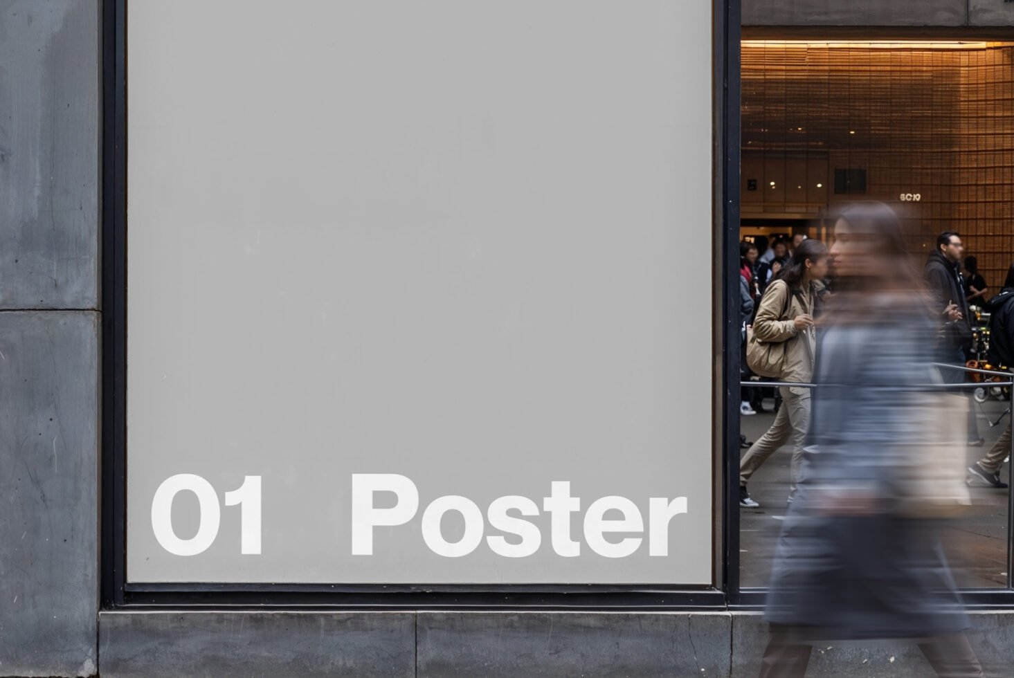 Large blank poster mockup on urban sidewalk busy street scene pedestrian in motion graphic design template for creative projects advertising potential
