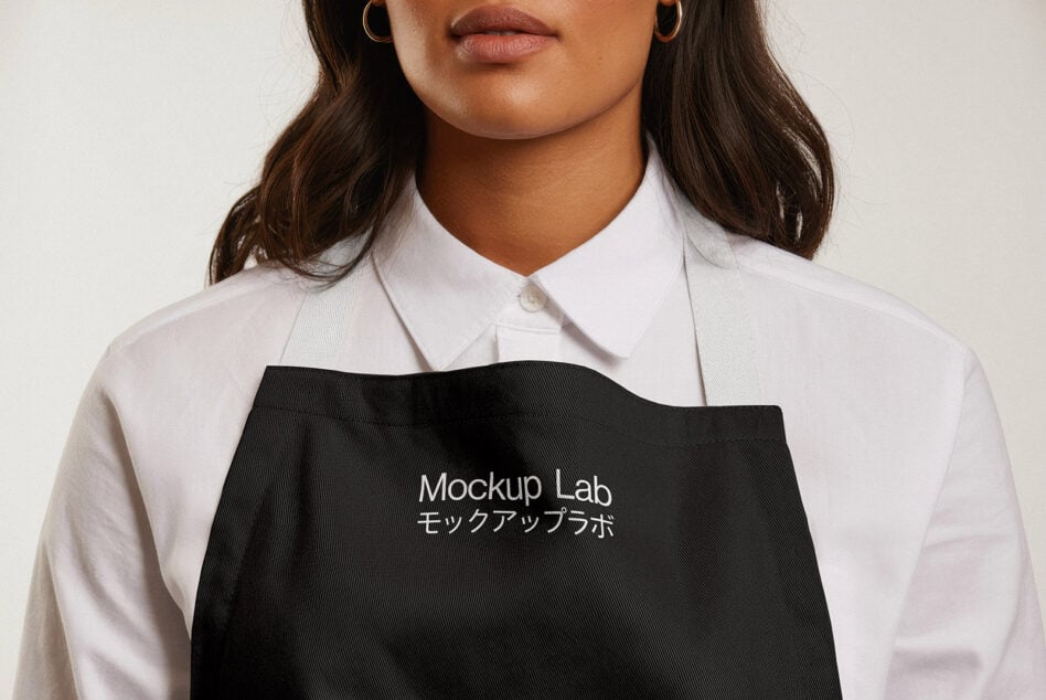Woman in white shirt holding black fabric apron with white text design