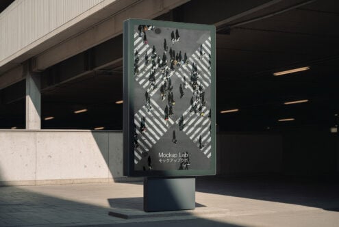 Outdoor advertisement billboard mockup featuring aerial view of pedestrian crosswalk. Ideal for urban design presentation and showcasing graphics.