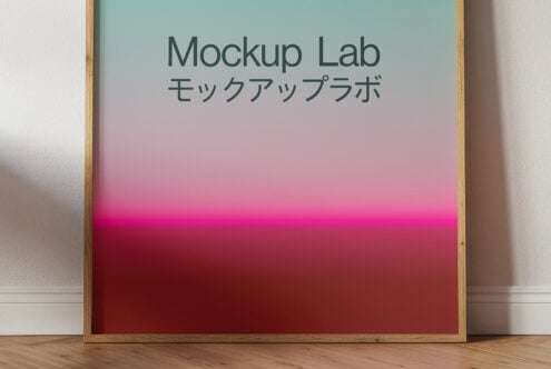 Poster mockup featuring a gradient art design with Japanese text and Mockup Lab in English. Ideal for designers seeking stylish mockup templates.