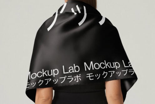 Mockup of a person wearing a black scarf with white text in English and Japanese. Ideal for fashion designers and graphic designers seeking stylish templates.