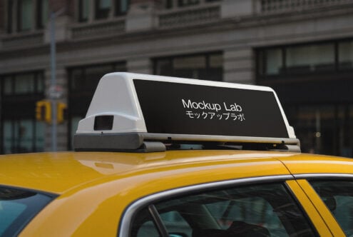 Taxi top sign mockup on yellow cab in urban setting ideal for designers. Perfect for showcasing branding advertising templates. High-quality PSD.
