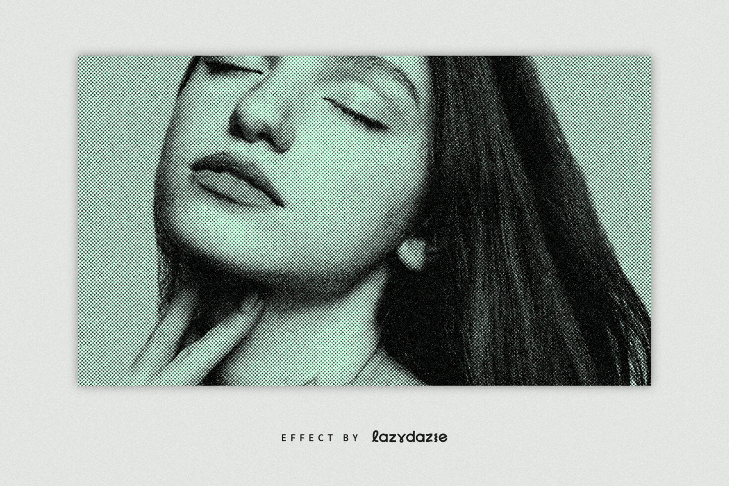 Halftone photo effect of a woman with closed eyes and hand on neck. Ideal for vintage designs mockups graphics. High-quality digital asset for designers.