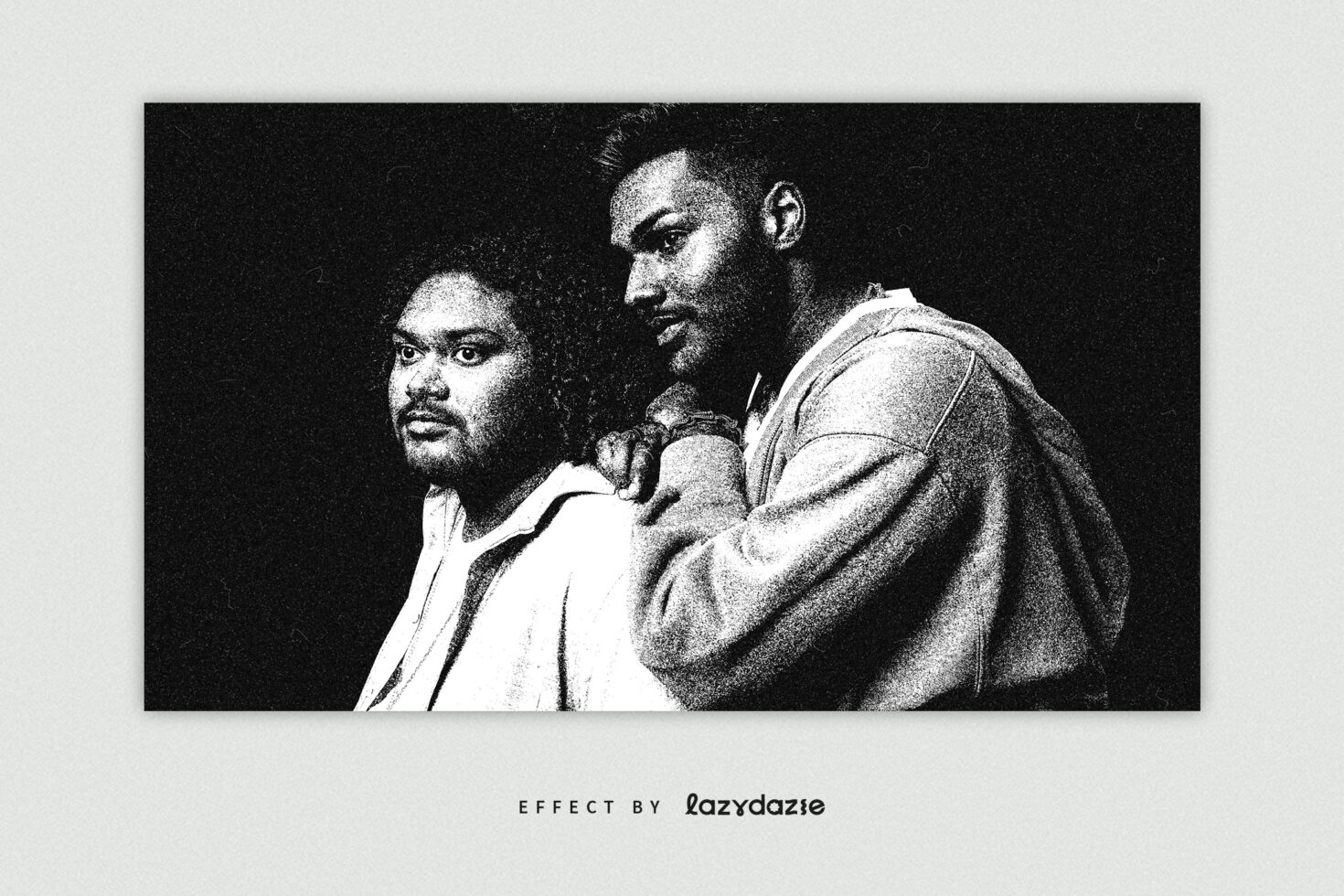 High contrast halftone graphic effect featuring two people against a dark background. Ideal for design projects, posters, and digital graphics.