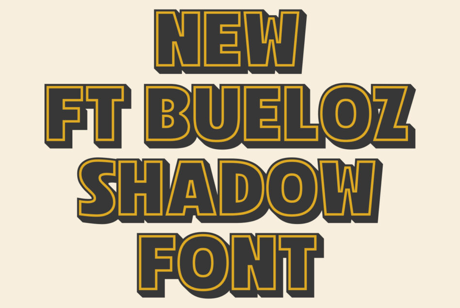 Bold shadow typography of New FT Bueloz Shadow Font on beige background perfect for design projects requiring eye-catching display fonts.