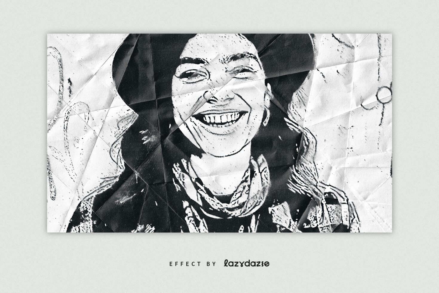 Black and white photo effect of a smiling person in a hat on textured paper background. Perfect for design mockups, graphics, textures, templates.