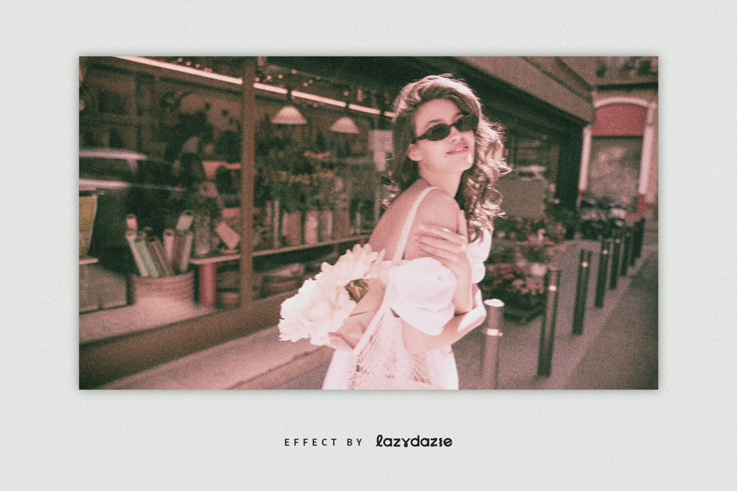 Vintage photo effect featuring a woman with sunglasses holding flowers; perfect for mockups or templates in design projects. Retro aesthetic vibe.