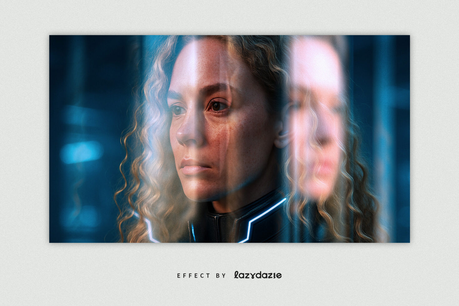 Double exposure portrait with neon futuristic effect showcasing a woman with curly hair. Suitable for designers seeking unique graphics or effects.