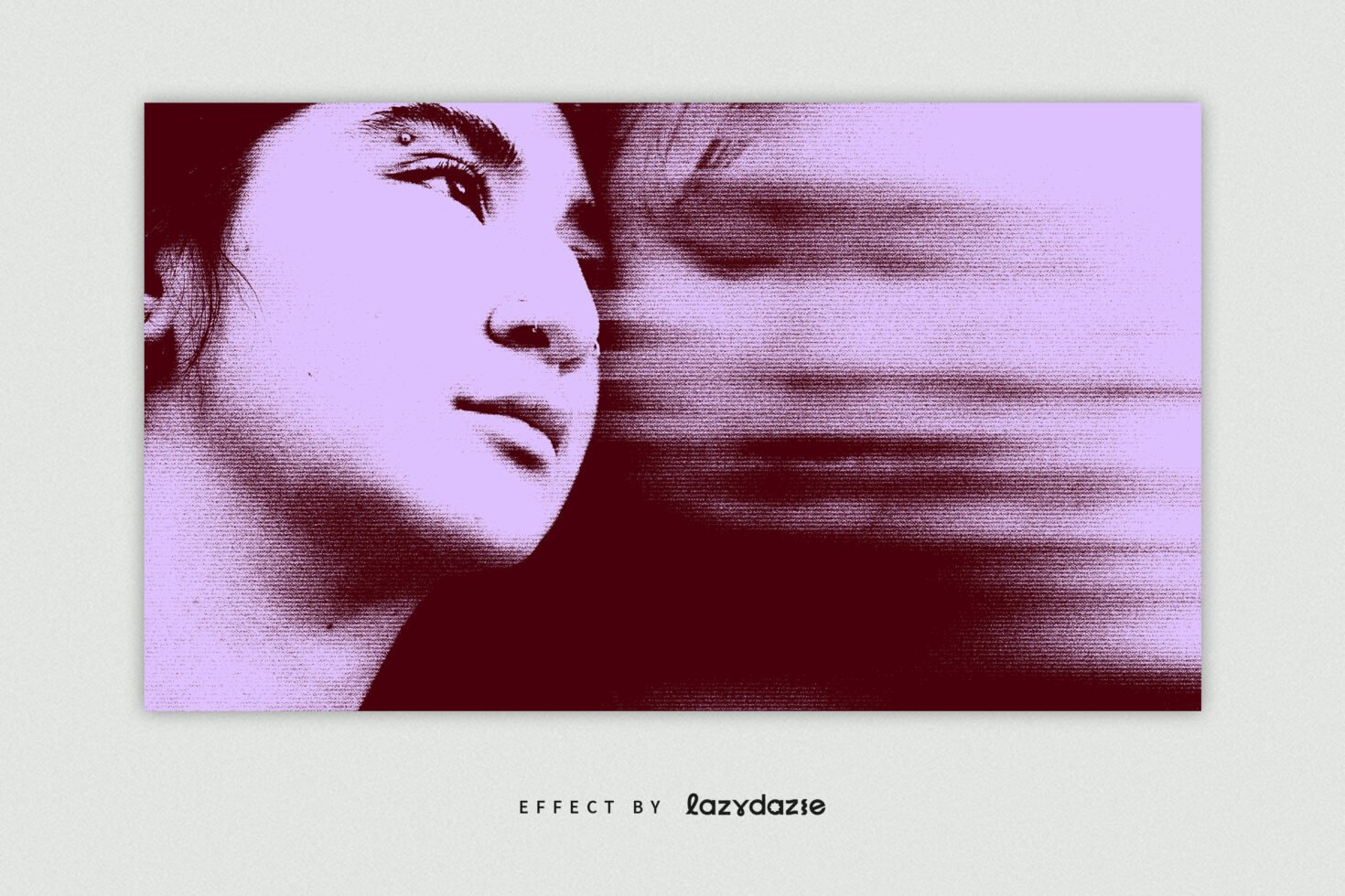 Halftone portrait effect with blurred motion, featuring a side profile of a person in purple tones. Perfect for graphic design. Effect by Lazydaze.