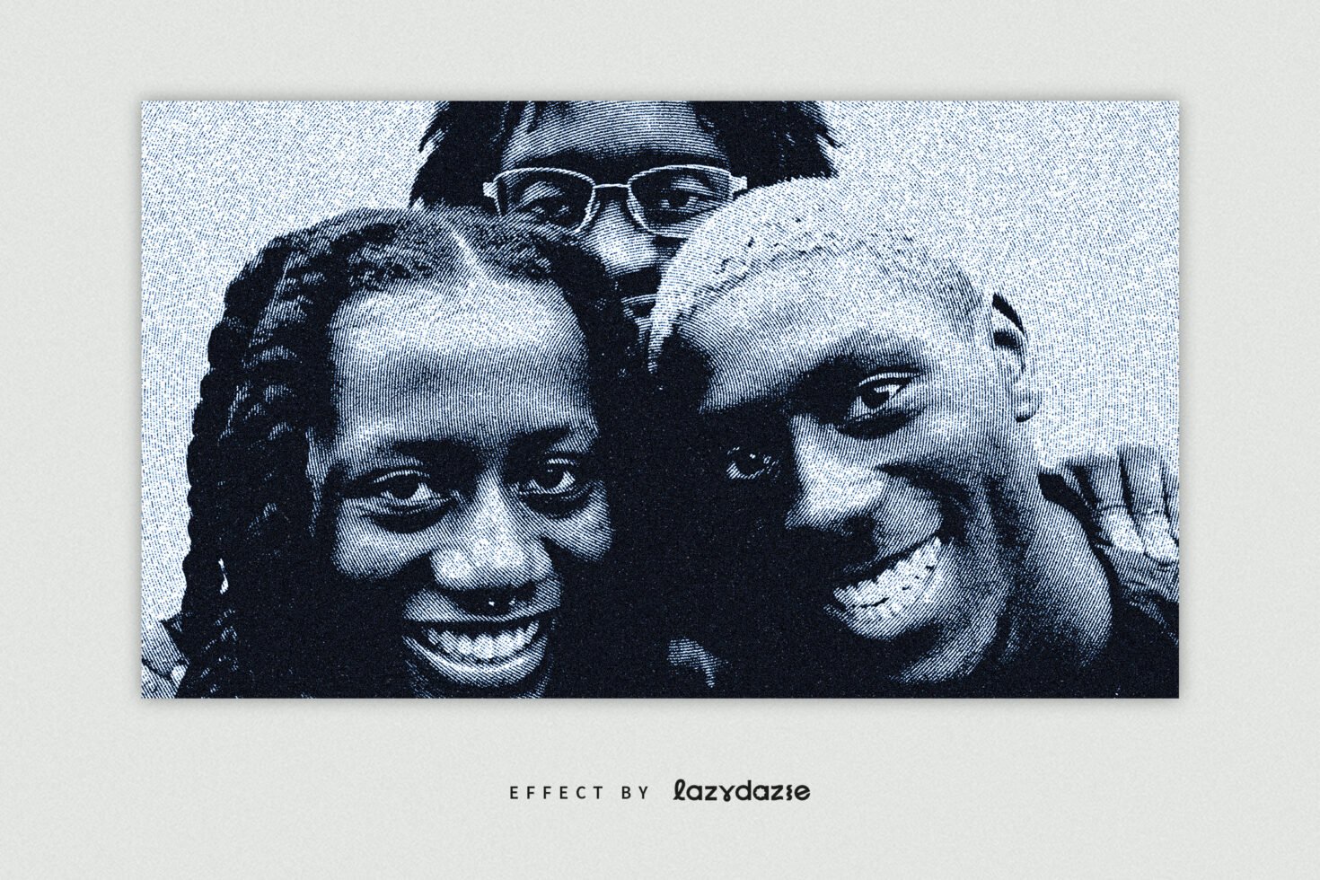 Halftone effect on portrait of three smiling individuals close together, textured graphic design, retro style mockup for designers, digital art asset.