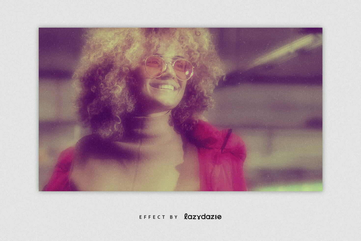 Retro photo effect featuring a woman with curly hair wearing glasses and a turtleneck. Vintage style, digital assets, designer resources, graphics.
