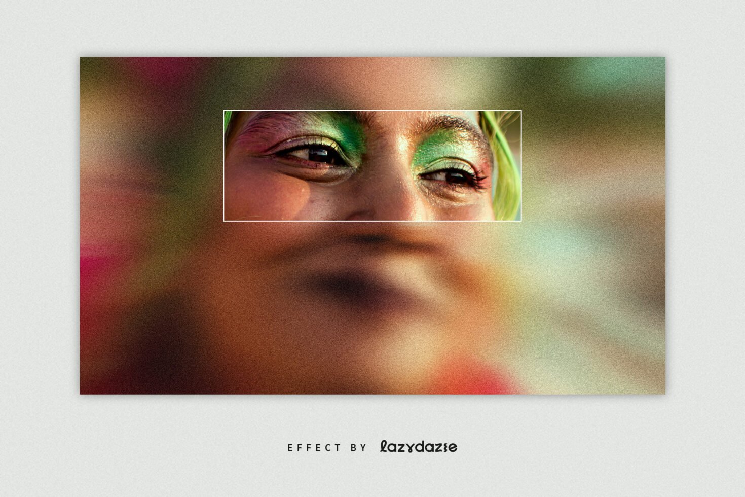 Vibrant photo effect template showcasing a close-up of eyes with colorful makeup. Ideal for designers needing graphic effects. Bright colors, portrait.