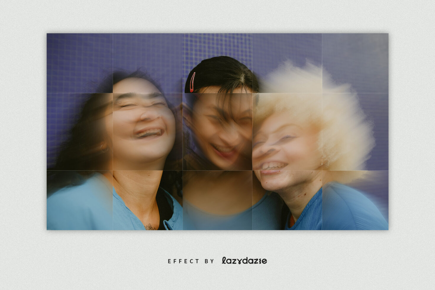 Blurred portrait of three women with a grid overlay effect ideal for graphic design mockups and templates vibrant and artistic composition