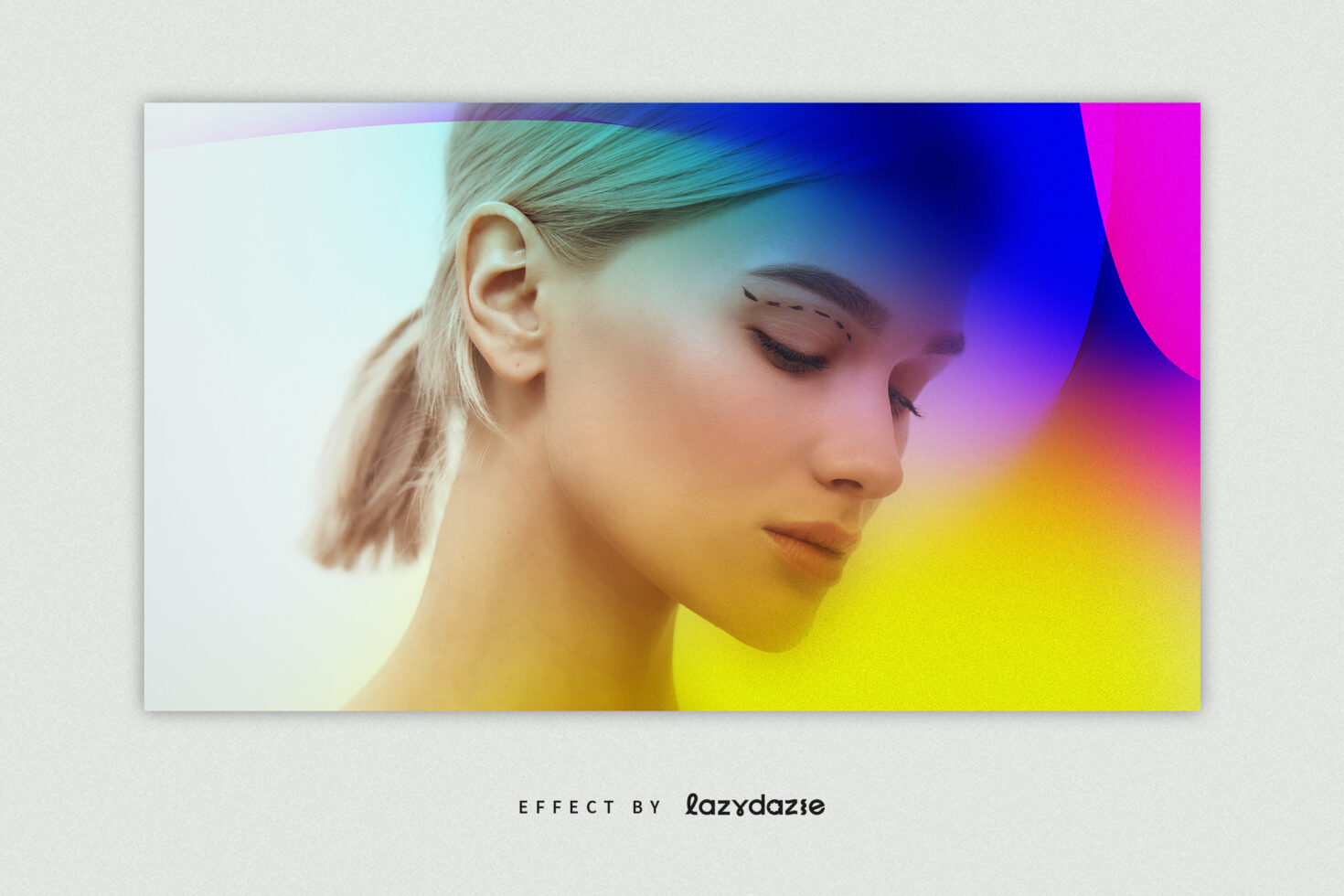 Colorful abstract portrait graphic with gradient overlay featuring a woman with eyeshadow and graphic design elements. Perfect for creative design templates.