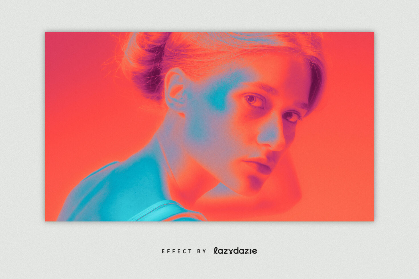 Vibrant neon portrait effect for design mockups. Bold hues of orange and blue create a striking visual suitable for creative graphic projects.