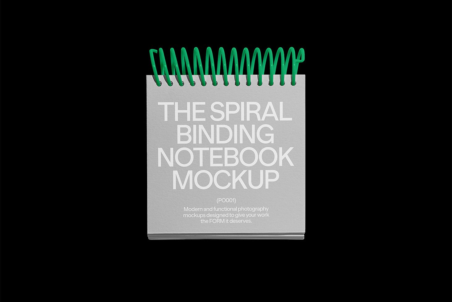 Spiral binding notebook mockup with green coil cover on black background ideal for designers showcasing stationery layout design mockup graphics template