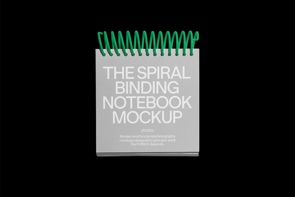 Spiral binding notebook mockup with green coil cover on black background ideal for designers showcasing stationery layout design mockup graphics template