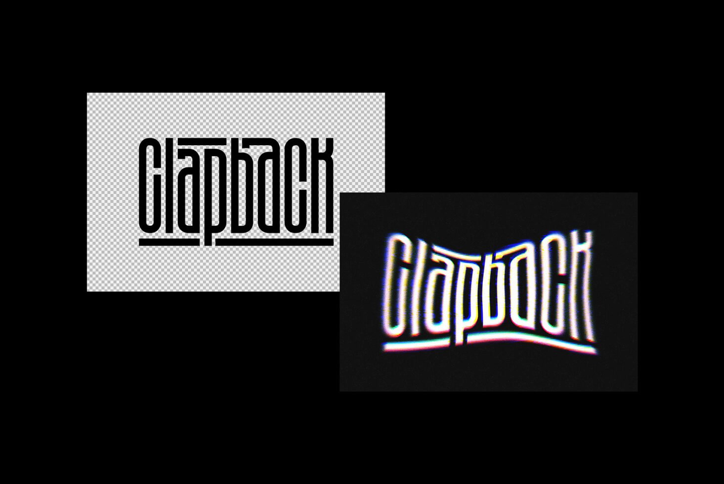 Two versions of the word Clapback in a bold, stretched font on transparent and black backgrounds. Ideal for typography design, graphics, logos, templates.
