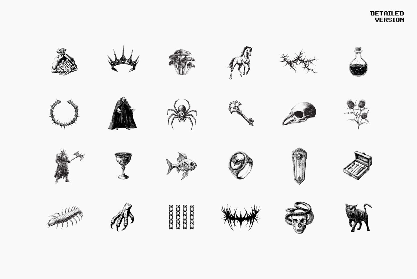 Set of 25 gothic ink illustrations on white background featuring animals, skulls, and mystical elements. Perfect for graphics, templates, or design projects.