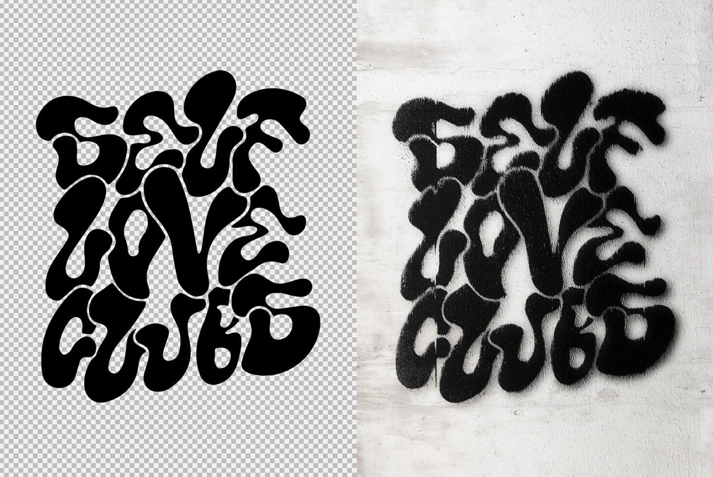 Bold distorted typography design reading Self Love Club on transparent and concrete backgrounds suitable for graphic templates and artistic mockups.