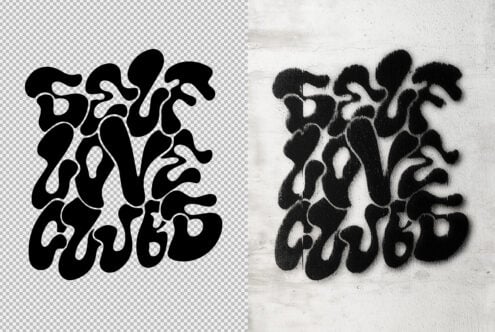 Organic blob letterforms in bold black on split background mockup with texture