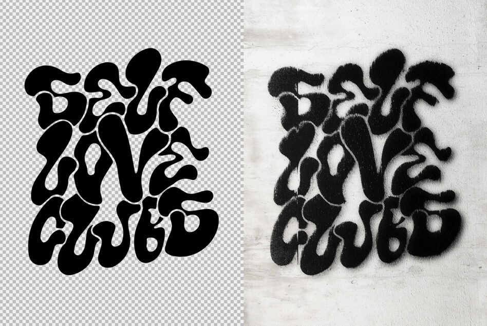 Organic blob letterforms in bold black on split background mockup with texture