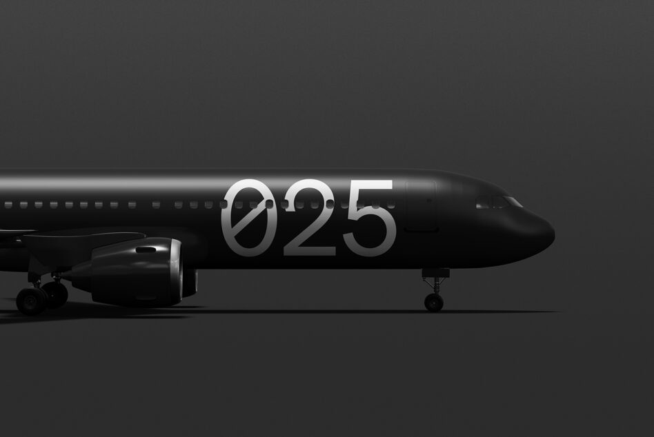 Black airplane with metallic 025 numbers displayed on side of body