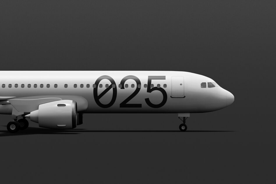 White commercial aircraft with large 025 registration numbers on dark fuselage