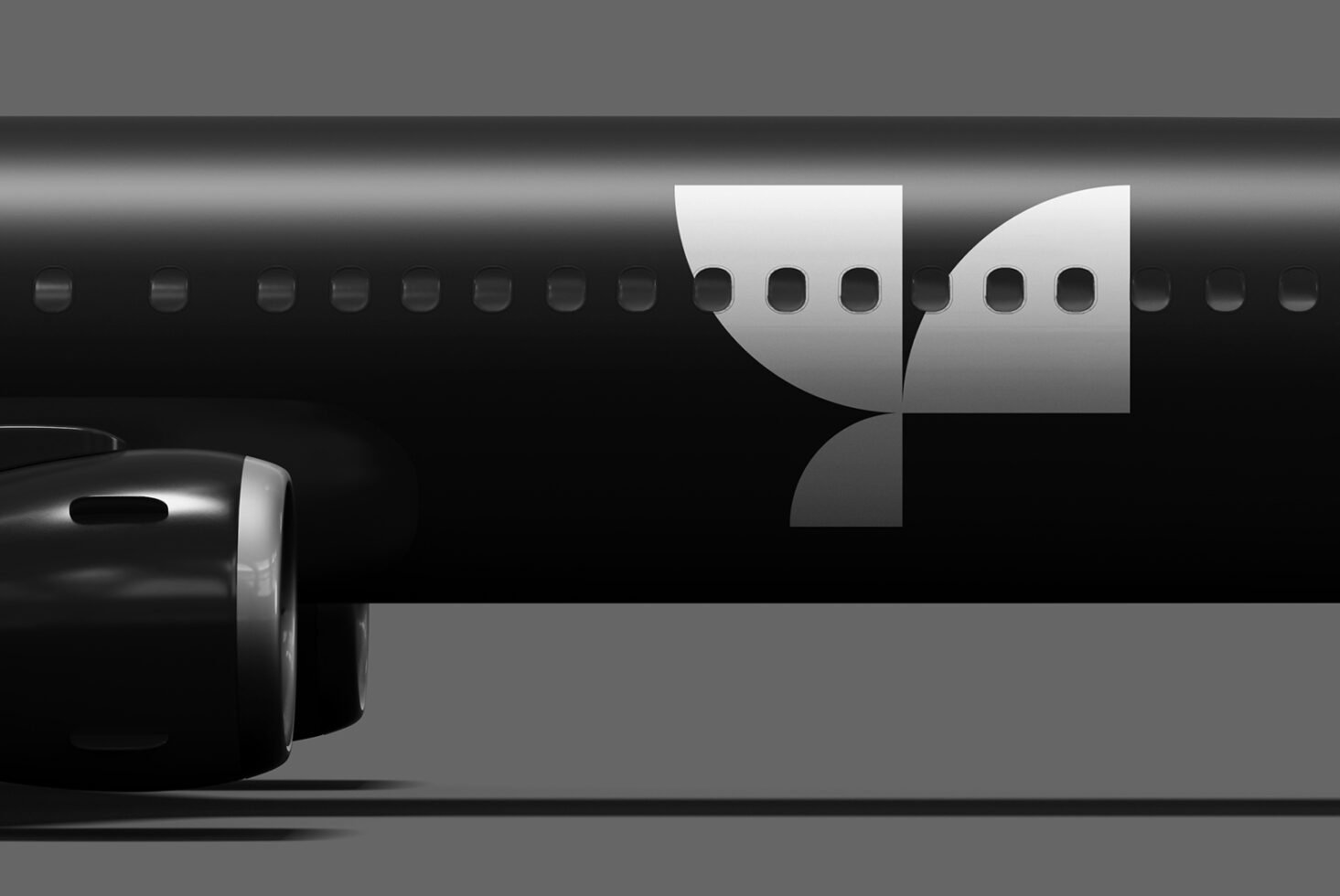 Black airplane side view featuring stylized geometric logo. Ideal for aviation branding assets and mockups. Perfect for graphic designers.