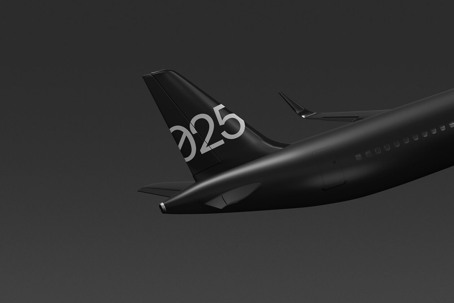 Airplane tail mockup in sleek black design featuring number 025 on tail fin. Ideal for aviation graphics and design templates for designers.