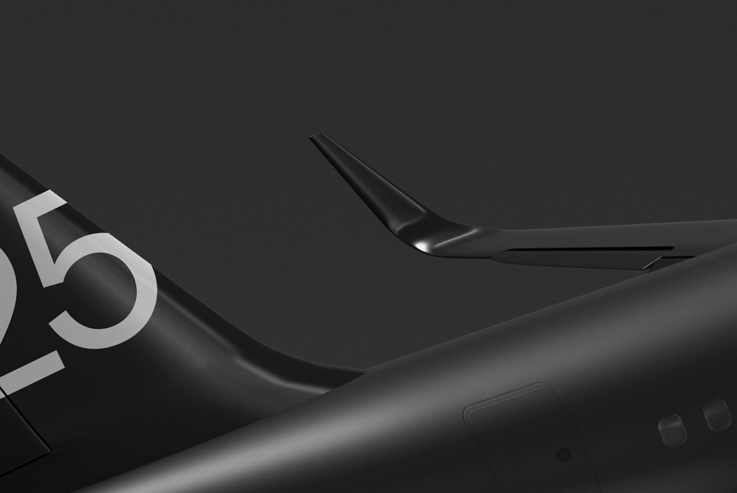 Minimalist airplane tail design, sleek black surface with aerodynamic winglet on a dark background suitable for mockups or graphics in aviation projects.